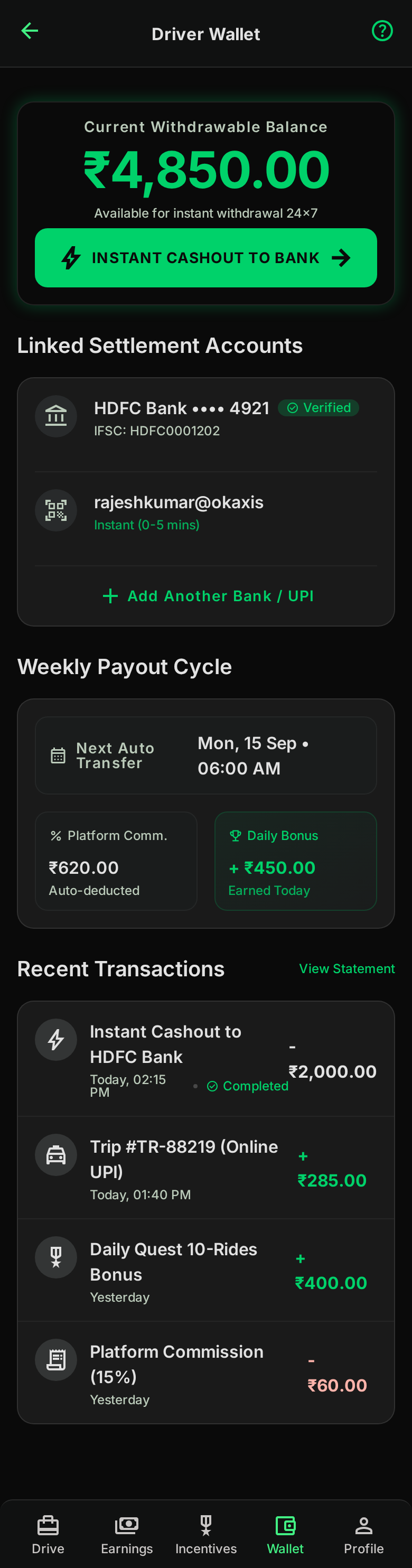 Driver Wallet & Instant Payouts